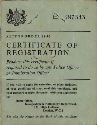 Certificado de registro de imigrante, 1968